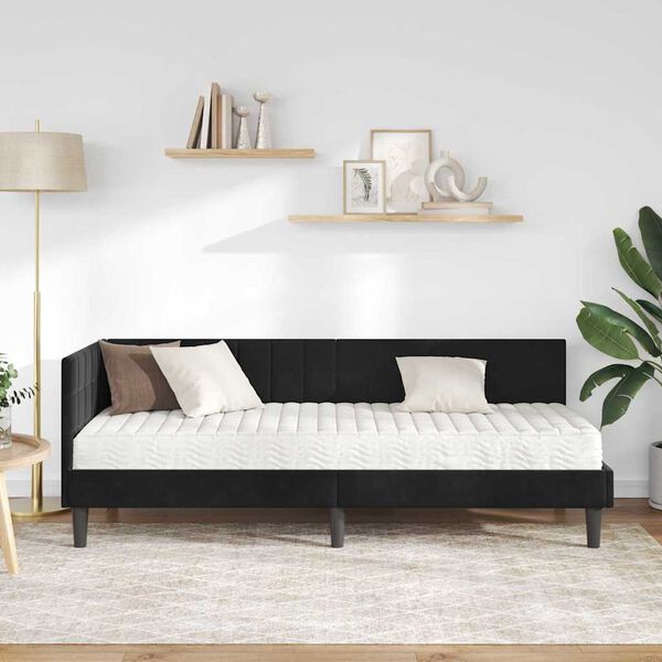 vidaXL Cadru de pat colțar cu saltea cu headboard 2 pcs Negru Catifea