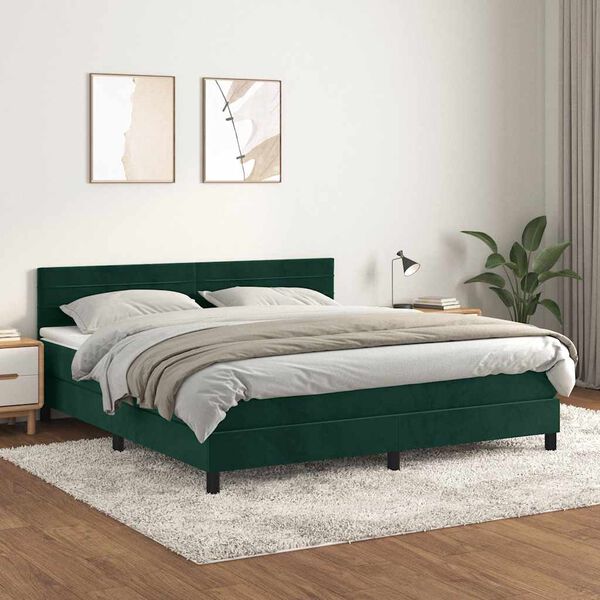 vidaXL Pat box spring cu saltea, verde &icirc;nchis, 180x200 cm, catifea