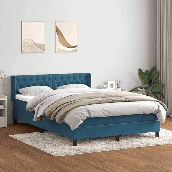 vidaXL Pat box spring cu saltea, albastru &icirc;nchis, 140x220 cm, catifea