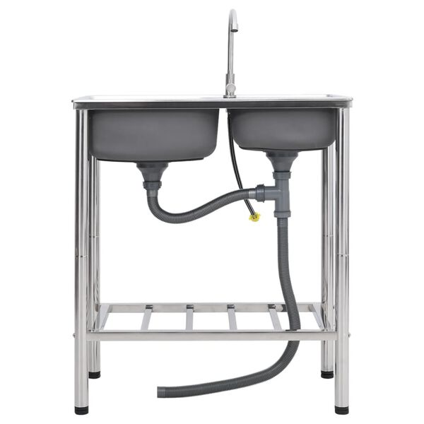 vidaXL Chiuvetă de camping, cuvă dublă, cu robinet, oțel inoxidabil