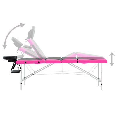 vidaXL Masă pliabilă de masaj, 4 zone, negru și roz, aluminiu