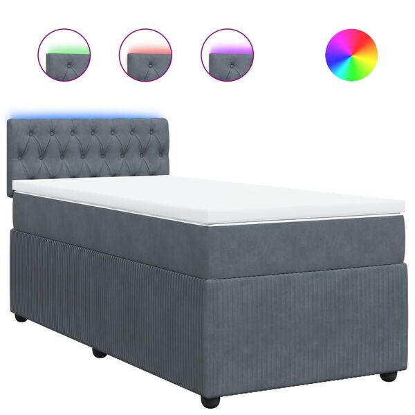 vidaXL Pat box spring cu saltea, gri &icirc;nchis, 90x200 cm, catifea