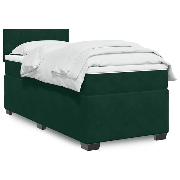 vidaXL Pat box spring cu saltea, verde &icirc;nchis, 90x200 cm, catifea