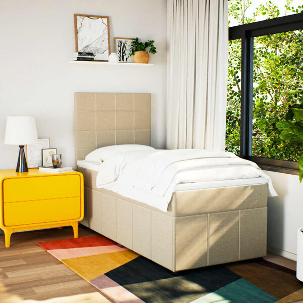 vidaXL Pat box spring cu saltea, crem, 90x200 cm, textil