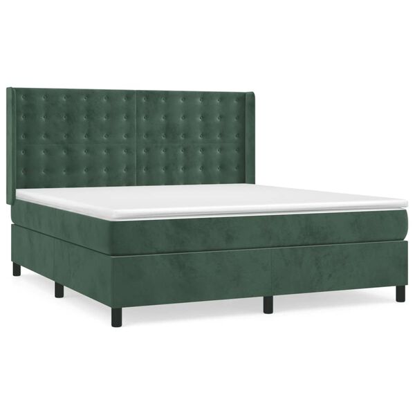 vidaXL Pat box spring cu saltea, verde &icirc;nchis, 160x200 cm, catifea