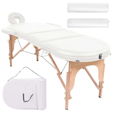 vidaXL Masă de masaj pliabilă, 4 cm grosime, cu 2 perne, alb, ovală