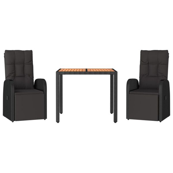 vidaXL Set masă pentru grădină, 3 piese, negru, poliratan/lemn acacia