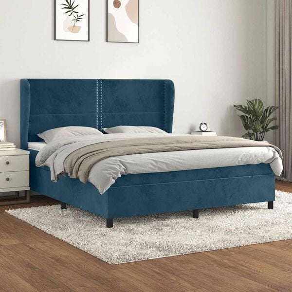 vidaXL Pat box spring cu saltea, albastru &icirc;nchis, 160x200 cm, catifea