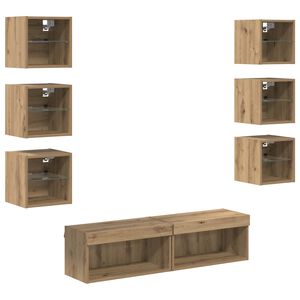 vidaXL Cabinet TV cu lumini cu bandă LED 8 pcs Stejar Artizanal Sticlă