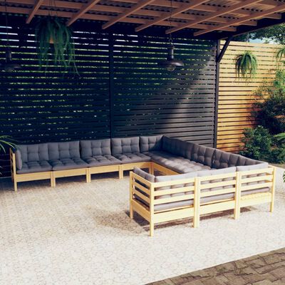 vidaXL Set mobilier grădină cu perne gri, 11 piese, lemn de pin