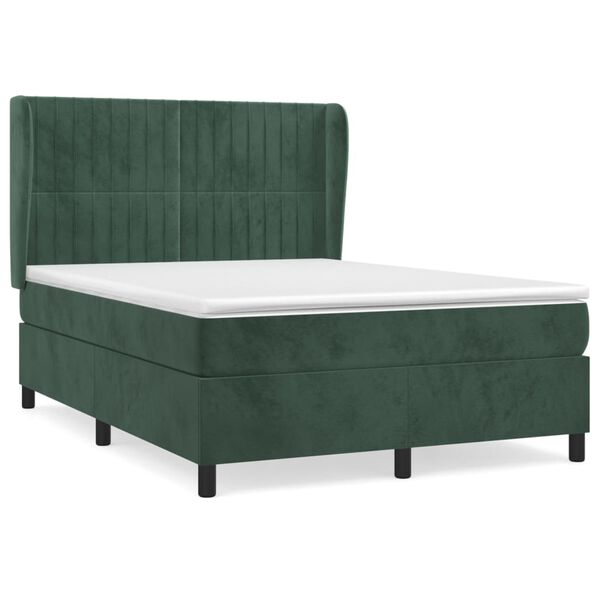 vidaXL Pat box spring cu saltea, verde &icirc;nchis, 140x200 cm, catifea