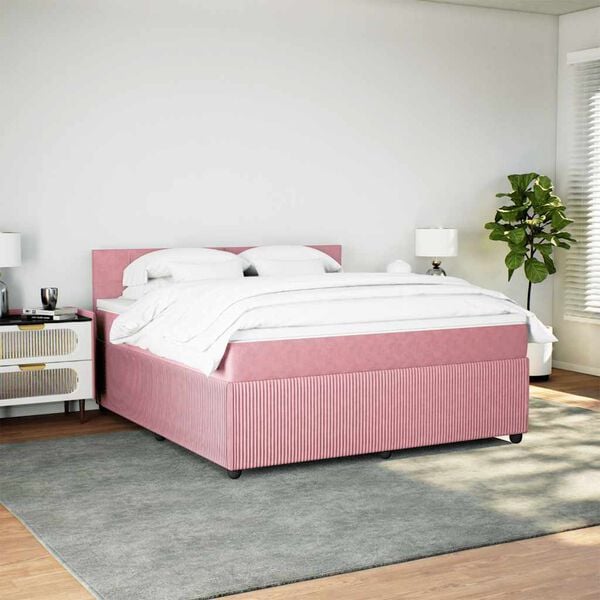 vidaXL Pat box spring cu saltea, roz, 180x200 cm, catifea