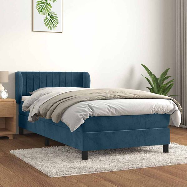 vidaXL Pat box spring cu saltea, albastru &icirc;nchis, 100x200 cm, catifea