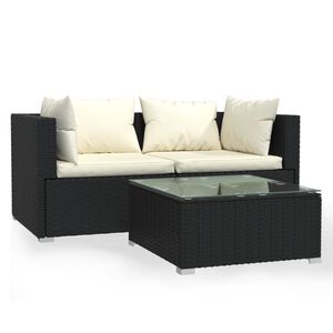 vidaXL Set mobilier de grădină cu perne, 3 piese, negru, poliratan