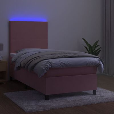 vidaXL Pat cu arcuri, saltea și LED, roz, 100x200 cm, catifea