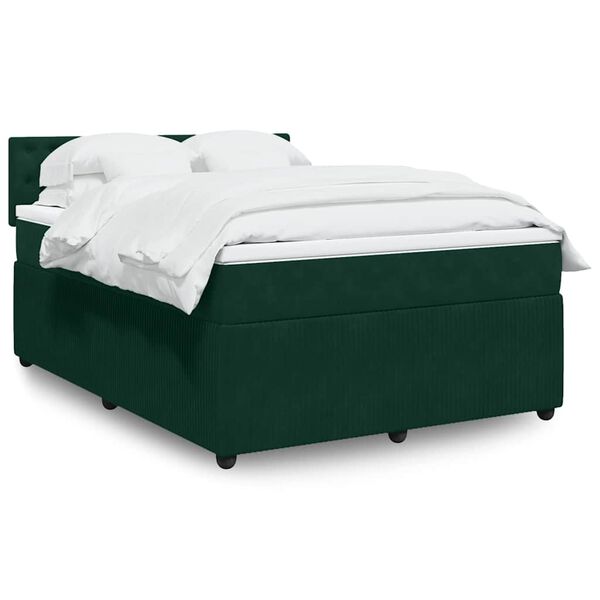 vidaXL Pat box spring cu saltea, verde &icirc;nchis, 140x200 cm, catifea