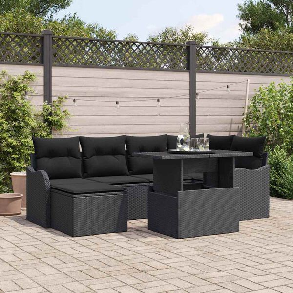 vidaXL Set de canapele pentru grădină cu pernă 7 pcs Negru Rattan poli