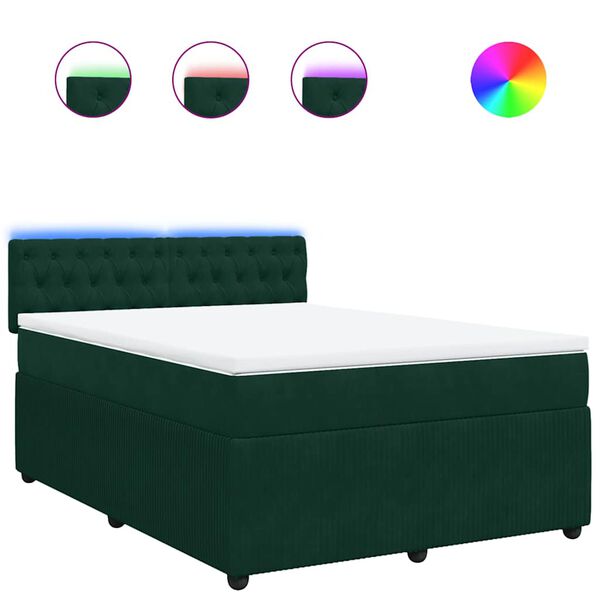 vidaXL Pat box spring cu saltea, verde &icirc;nchis, 140x190 cm, catifea