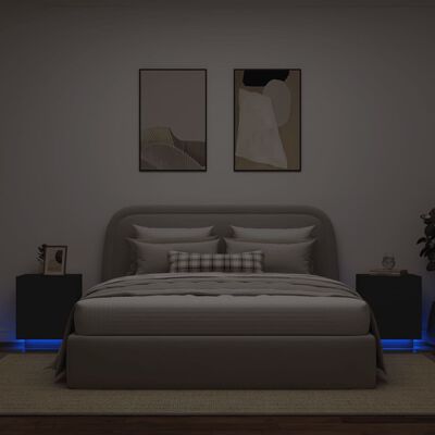 vidaXL Noptiere cu lumini LED, 2 buc., negru, lemn prelucrat