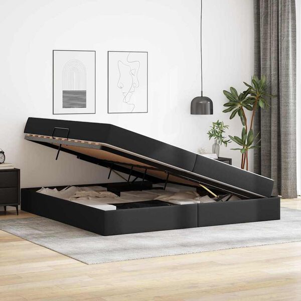 vidaXL Pat cu saltea și spațiu de depozitare 2 pcs Negru Piele