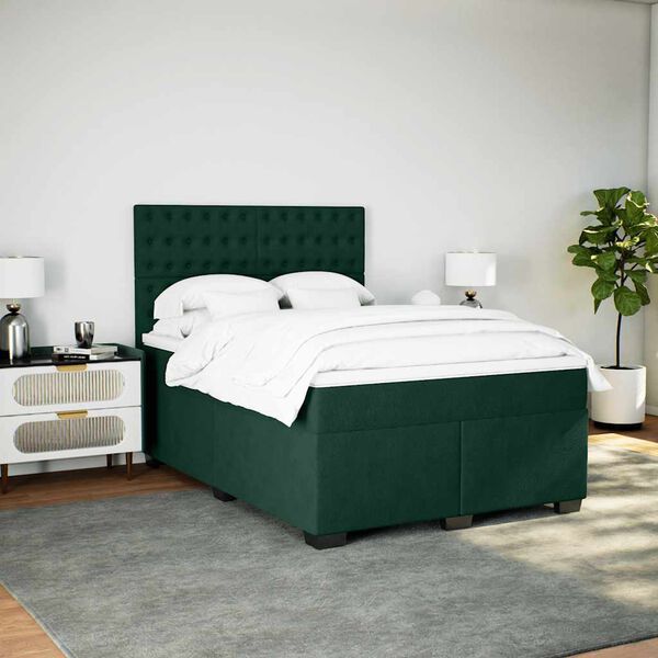 vidaXL Pat box spring cu saltea, verde &icirc;nchis, 140x190 cm, catifea