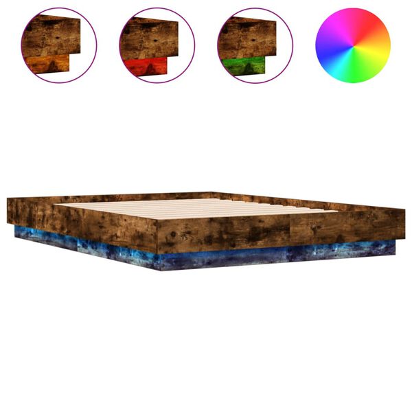 vidaXL Cadru de pat cu lumini LED, stejar fumuriu, 135x190 cm