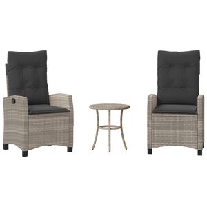 vidaXL Set bistro cu perne, 3 piese, gri deschis, poliratan