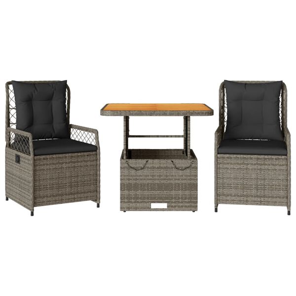 vidaXL Set mobilier de grădină cu perne, 3 piese, gri, poliratan