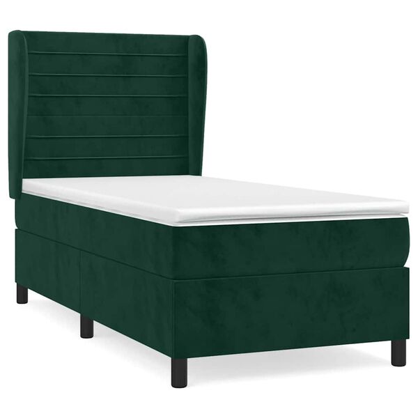 vidaXL Pat box spring cu saltea, verde &icirc;nchis, 100x200 cm, catifea