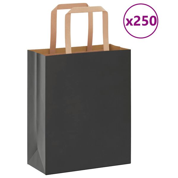 vidaXL Pungi de h&acirc;rtie 250 buc cu m&acirc;nere negre 18x8x22 cm