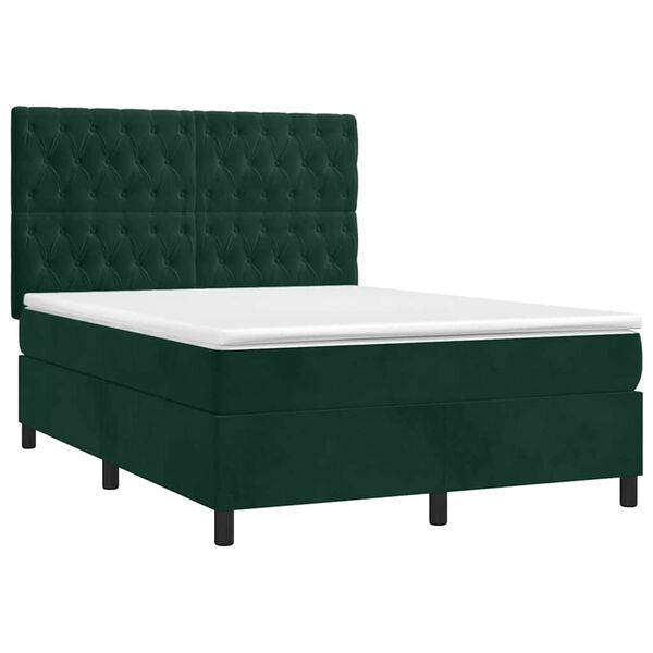 vidaXL Pat box spring cu saltea, verde &icirc;nchis, 140x190 cm, catifea