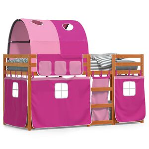 vidaXL Pat supraetajat cu perdele, roz, 90x190 cm, lemn masiv pin