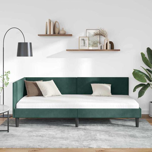 vidaXL Cadru de pat colțar cu headboard Verde &icirc;nchis 100 cm x 200 cm