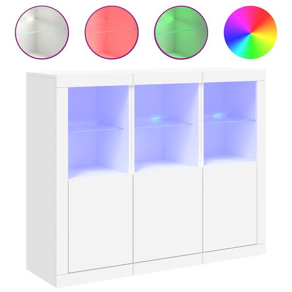 vidaXL Servantă cu lumini LED, 3 buc., alb, lemn prelucrat