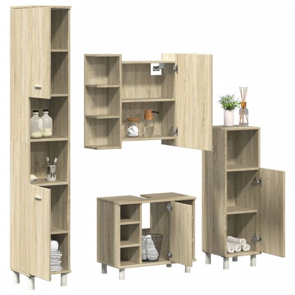 vidaXL Set mobilier de baie, 4 piese, stejar sonoma, lemn prelucrat
