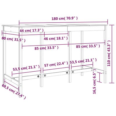 vidaXL Masă de bar, gri, 180x80x110 cm, lemn masiv de pin
