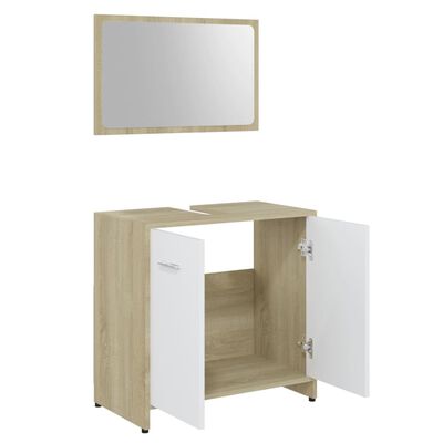 vidaXL Set mobilier baie, 3 piese, alb/stejar Sonoma, lemn prelucrat