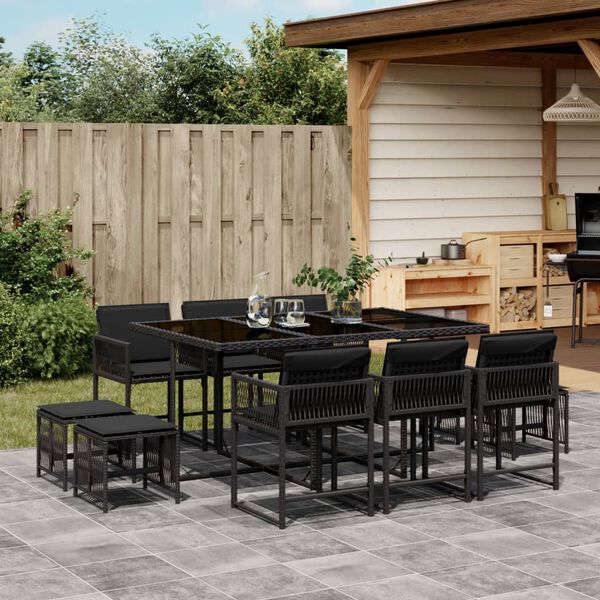vidaXL Set mobilier de exterior cu perne, 11 piese, negru, poliratan