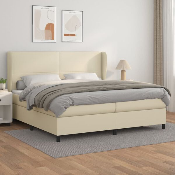 vidaXL Pat continental cu saltea, crem, 200x200 cm, piele ecologică