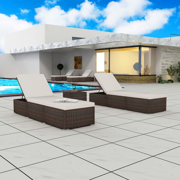 vidaXL Șezlonguri de plajă cu masă, 2 buc., maro, poliratan