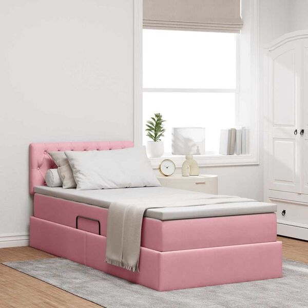 vidaXL Pat cu storage cu saltea cu headboard Roz 90 x 190 cm Catifea