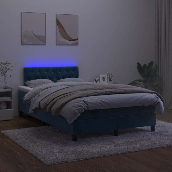 vidaXL Pat box spring cu saltea/LED albastru &icirc;nchis 120x190cm catifea