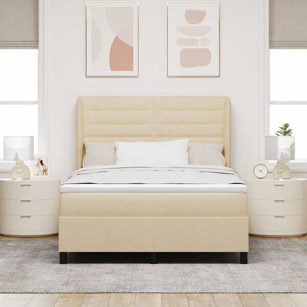 vidaXL Pat cu arcuri cu saltea cu headboard Crem 160 x 200 cm țesătură