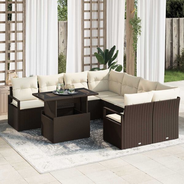 vidaXL Set de canapele pentru grădină cu pernă 9 pcs Maro Rattan poli