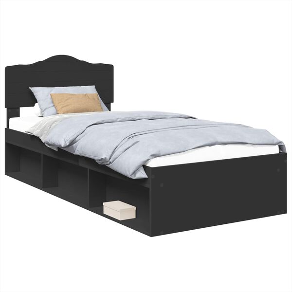 vidaXL Cadru de pat cu headboard Negru 90 x 190 cm Lemn de pin masiv