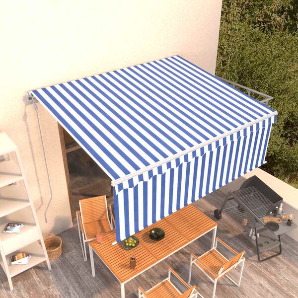 vidaXL Copertină retractabilă automat cu stor, albastru & alb, 4x3 m