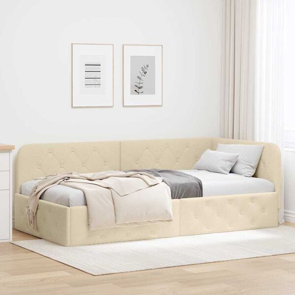 vidaXL Cadru de pat colțar cu headboard Crem 90 x 190 cm țesătură