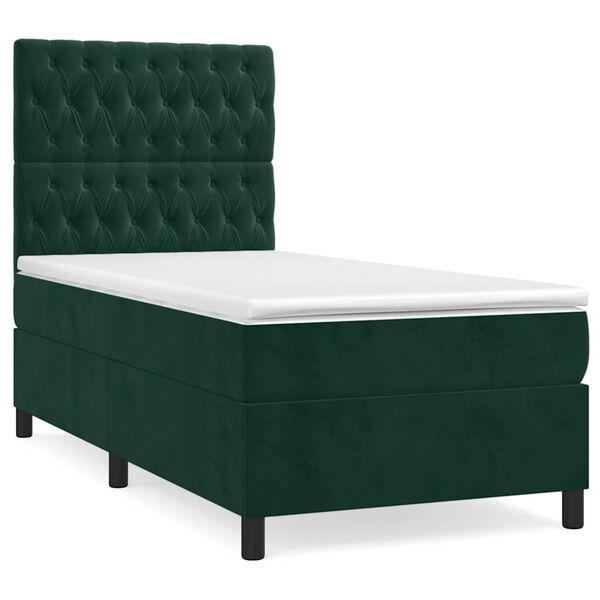 vidaXL Pat box spring cu saltea, verde &icirc;nchis, 90x200 cm, catifea