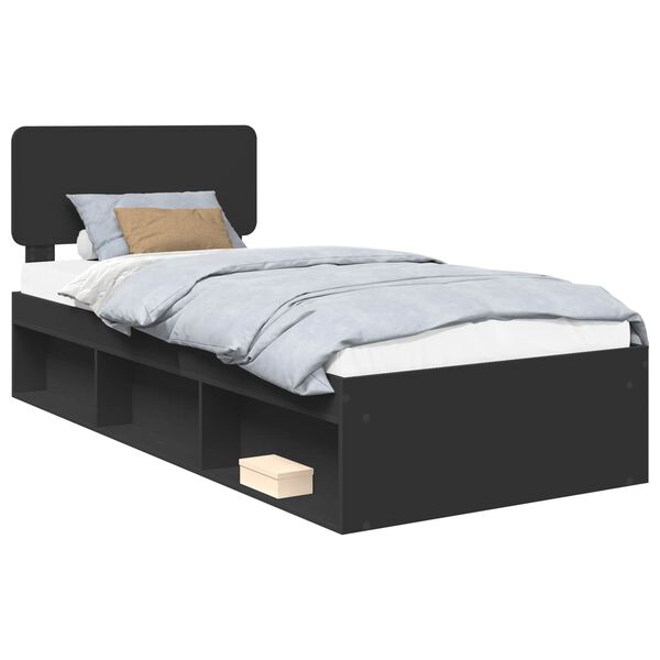 vidaXL Cadru de pat cu headboard Negru 75 x 190 cm Lemn de pin masiv