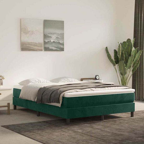 vidaXL Pat box spring cu saltea, verde &icirc;nchis, 140x190 cm, catifea